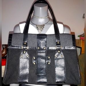 Oversized Black Wool Shoulder Bag with Alligator Skin Details